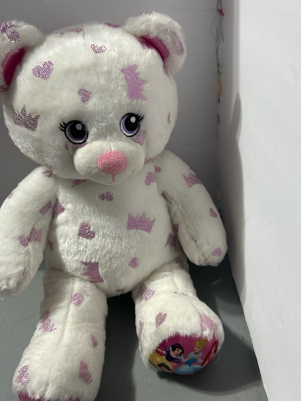 Build-A-Bear White Plush Bear with Pink Accents and Princess Motifs